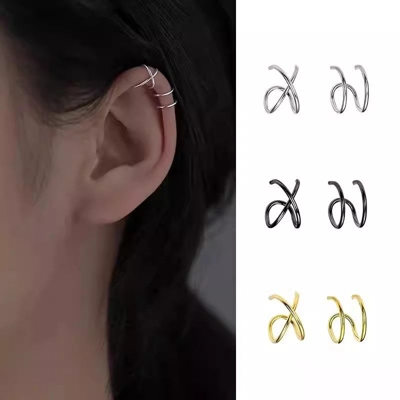 Minimalist Double Cross Trendy Personality Cool Niche High-end Ins Black Line Non-pierced Clip Ear Jewelry_voghion.com