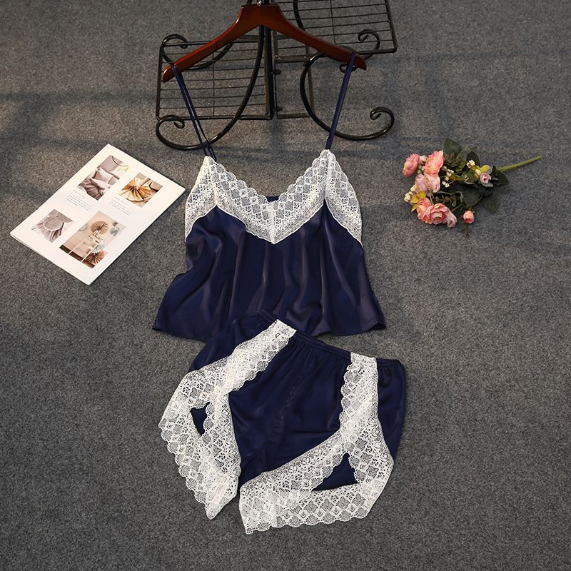 Women's Sleepwears Thin White Lace Silk Lace Without Chest Pad Gathered Pajamas Shorts Two Piece Set_voghion.com