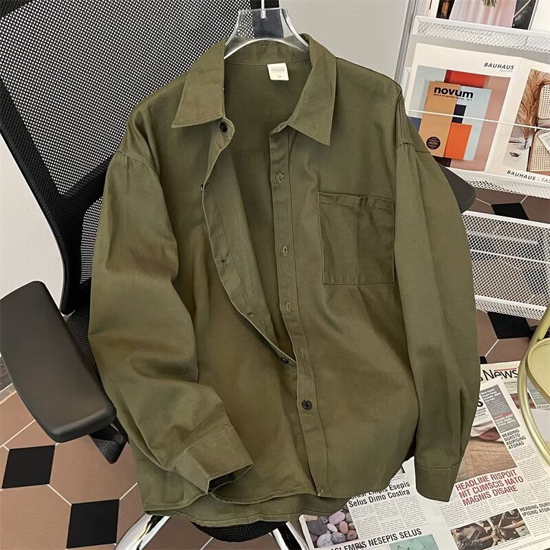 2024 Neuer Mantel Business Casual Einfache Einfarbig Große Herren Langarmhemd Arbeitshemd Top_voghion.com