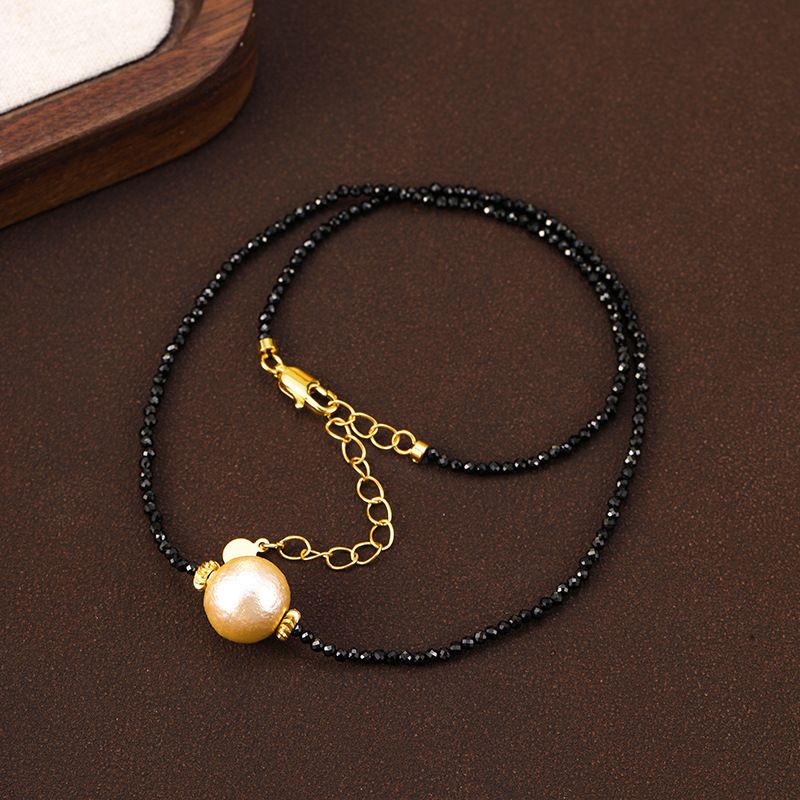 Japanese and Korean minimalist black pointed crystal cotton bead pearl pendant necklace, versatile, light luxury,_voghion.com