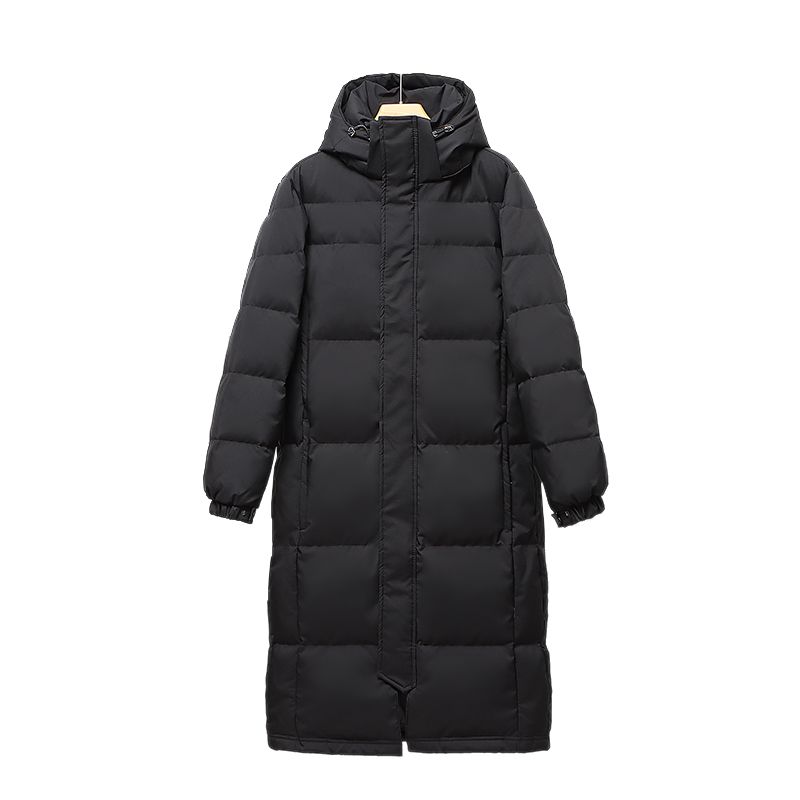 Zwarte dames donsjas, lang over de knie, dik en los, afneembare hoed, nieuw voor koppels in de winter_voghion.com