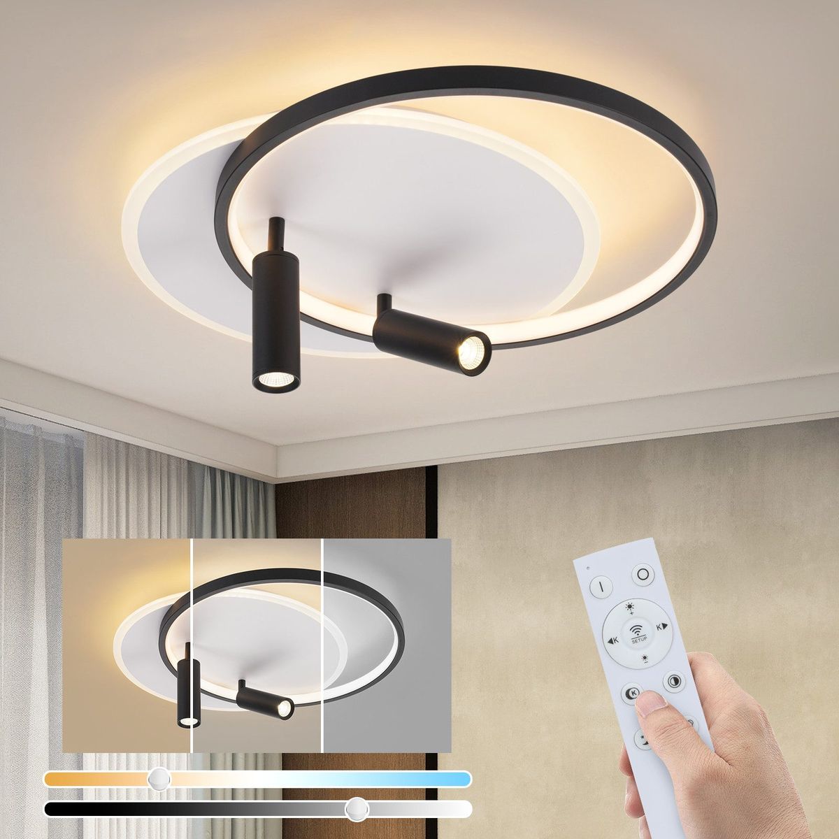 Glitzerlife Deckenlampe LED Deckenleuchte Wohnzimmer - Wohnzimmerlampe 52W Mit 2 Schwarz Deckenstrahler Dimmbar Mit Fernbedienung Moderne Acryl Küchenlampe Rund_voghion.com