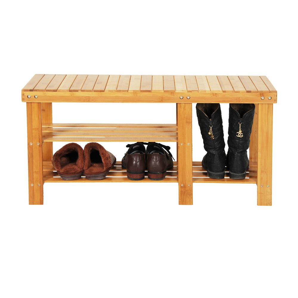 90cm Strip Pattern Tiers Bamboo Stool Shoe Rack with Boots Compartment RT_voghion.com