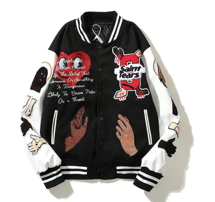 Baseballjacke aus Wollmischung für Männer, Herbst-Wintermantel mit Lederärmeln, Hip-Hop-Stil_voghion.com