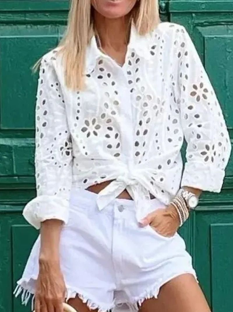 [Baumwolle Leinen] Damenmode Hohl Casual Tops und Shirts_voghion.com