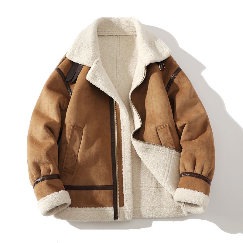 Veste oversize en fausse peau lainée pour homme, manteau d'hiver épais avec doublure polaire et revers crantés, marron (tailles M à 5XL)_voghion.com