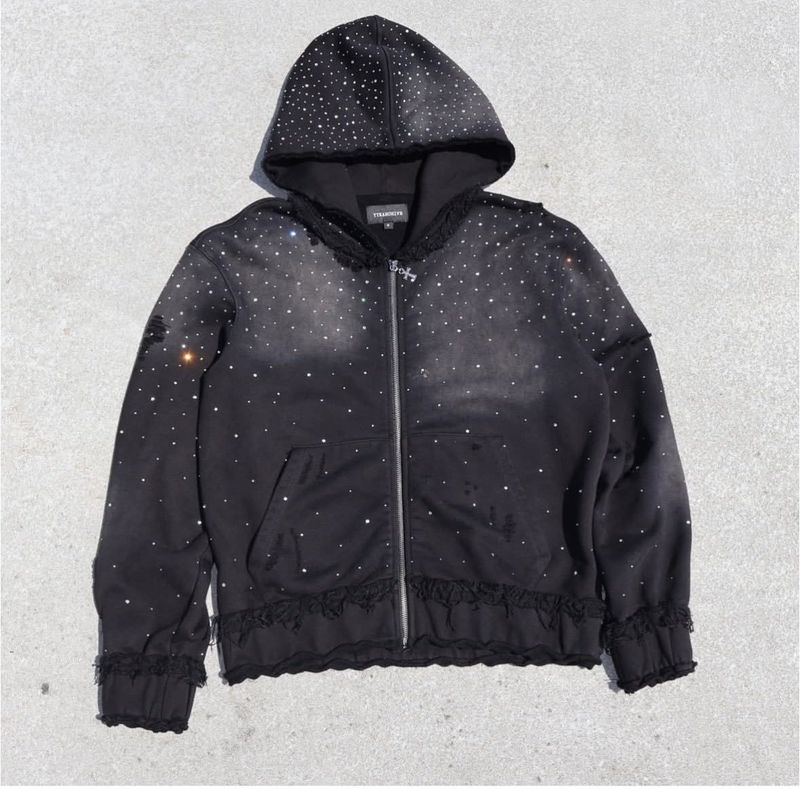 Felpa con cappuccio e cerniera da uomo streetwear, ricamo a stella fosforescente, pullover hip-hop oversize (S-XXL, nero/blu, spalle scese)_voghion.com