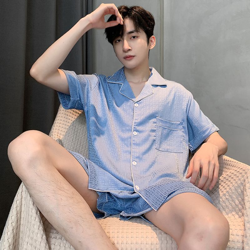 Men's pajamas ice short sleeved thin style can be worn externally for a luxurious feel summer simulation silk oversized_voghion.com