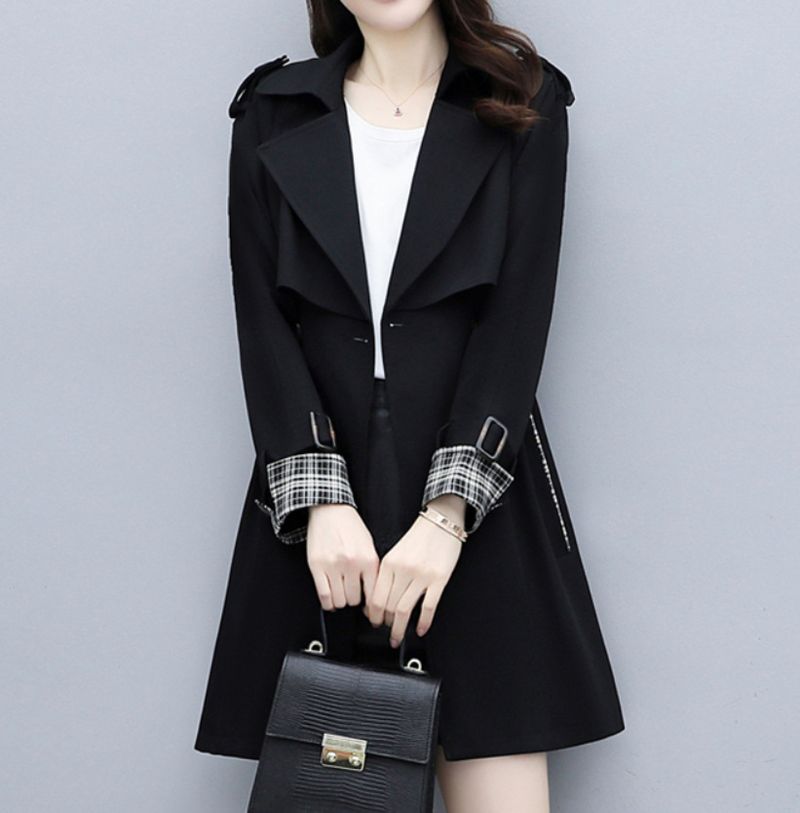 Damen Herbst und Winter Langarm Revers Taille Manschetten Spleißen Windjacke 8586_voghion.com