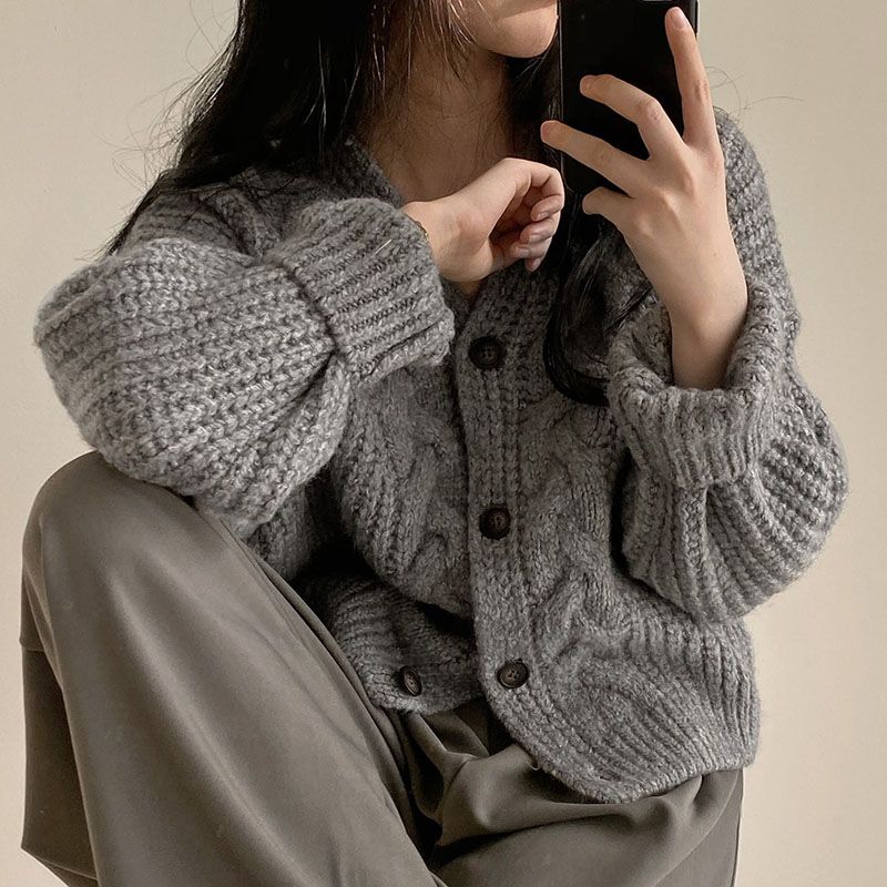 chic autumn simple lazy style V-neck bubble sleeve linen pattern loose knit cardigan sweater coat women_voghion.com