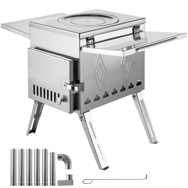 VEVOR Tent Wood Stove 17.5x14.7x10.6 Inch, Camping Wood Stove 304 Stainless Steel With Folding Pipe, Portable Wood Stove 95.7 Inch Total Height For Camping, Tent Heating, Hunting, Outdoor Cooking_voghion.com