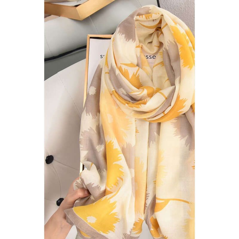 Sciarpa in lino e cotone per la moda primaverile ed estiva da donna, sciarpa sottile in stile rustico, sciarpa con stampa floreale,_voghion.com