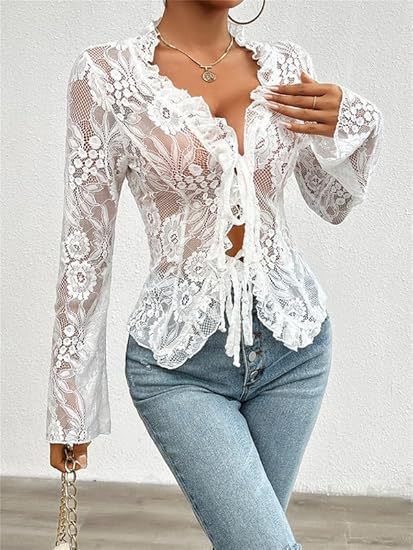 Abbigliamento da donna Top avvolgente in pizzo trasparente da donna a maniche lunghe con volant, camicetta sexy in rete trasparente, camicia casual elegante con scollo a V_voghion.com