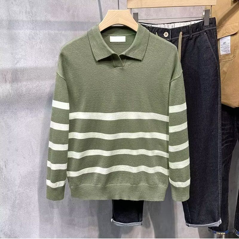 Herenkleding Heren gestreepte gebreide trui met reverskraag - Comfortabele pullovertop in kleurblokontwerp, casual losse pasvorm voor dagelijks gebruik_voghion.com