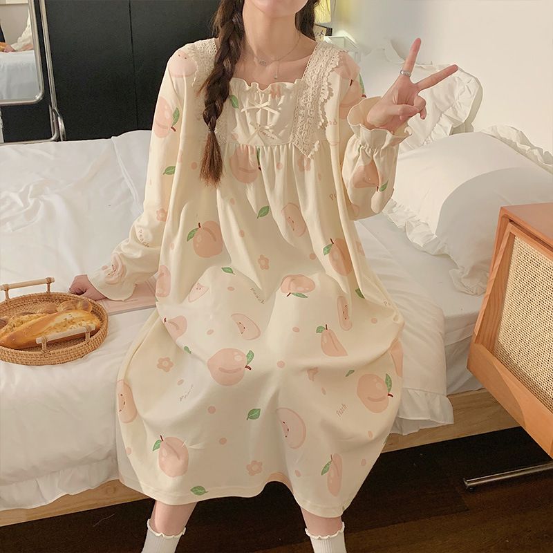 Damen Frühling und Herbst Puppenhals Langarm Schlafrock Baumwolle Mittellanges Kleid Süßes Mädchen Prinzessin Stil Home_voghion.com