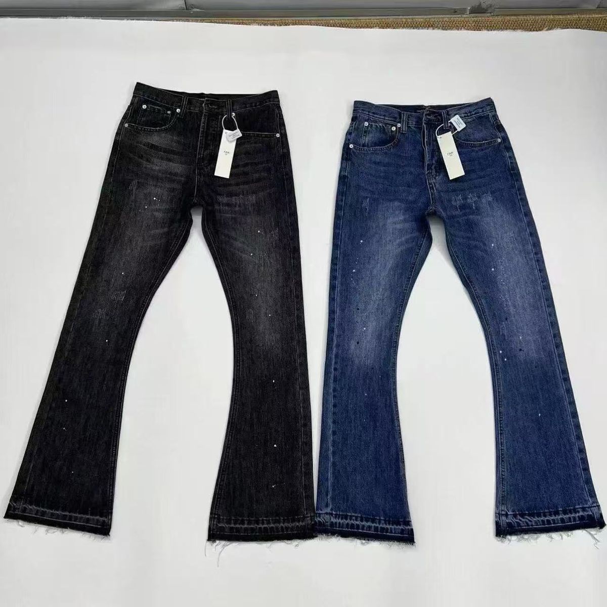 Black Grey Splatter Fringe Distressed Flared Jeans High Street Vibe Long Pants For Men Women_voghion.com