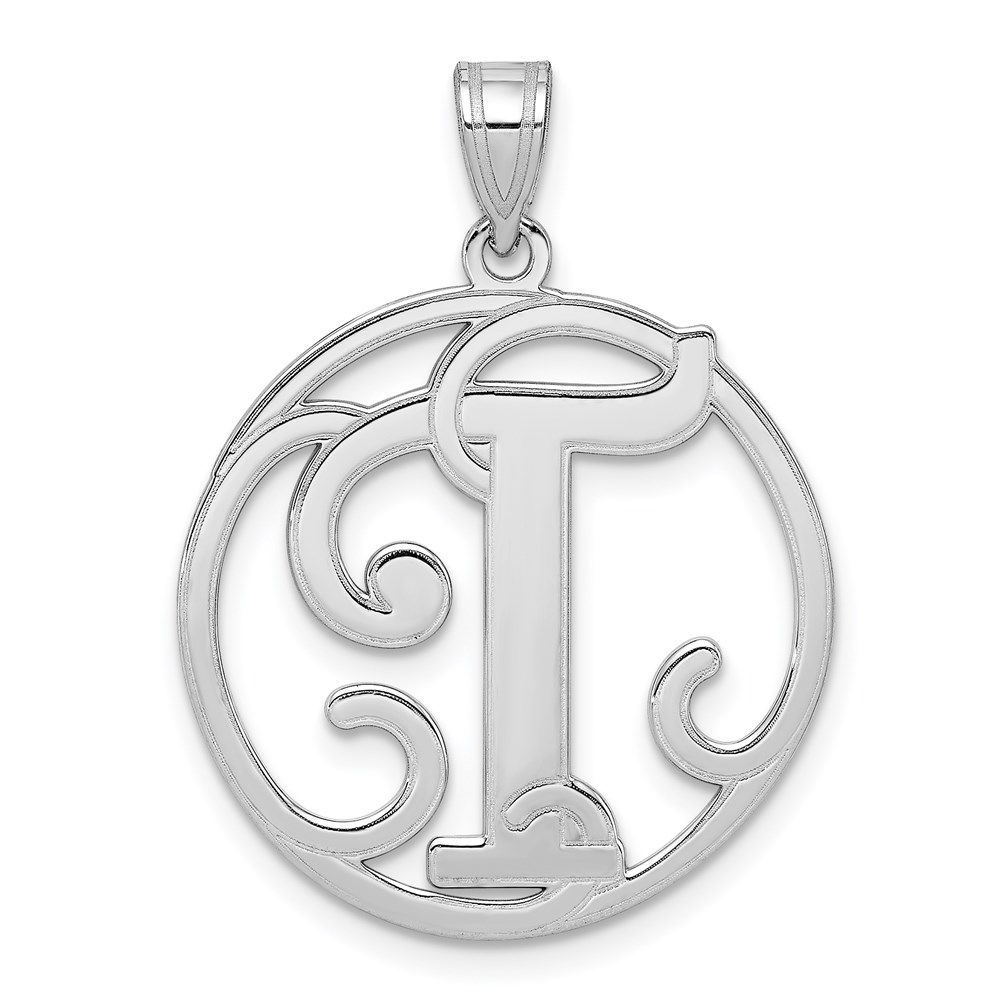 Sterling Silver Rhodium-plated Fancy Script Letter T Initial Pendant_voghion.com