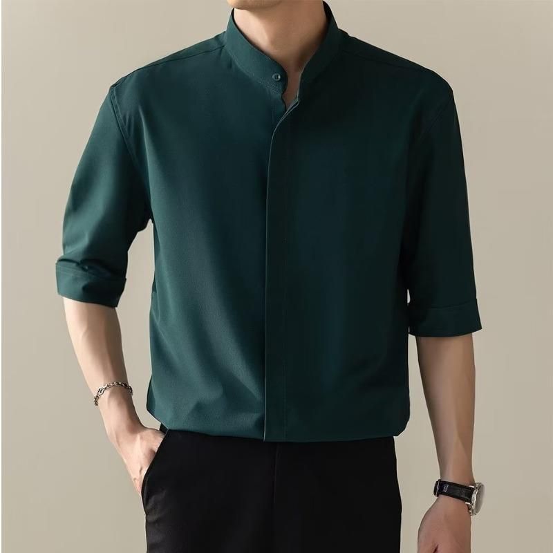 Summer Short sleeved Shirt Light Mature Style Men's Wear Korean Edition Slim Fit Non iron Ice Silk 5/5 Middle Sleeves_voghion.com
