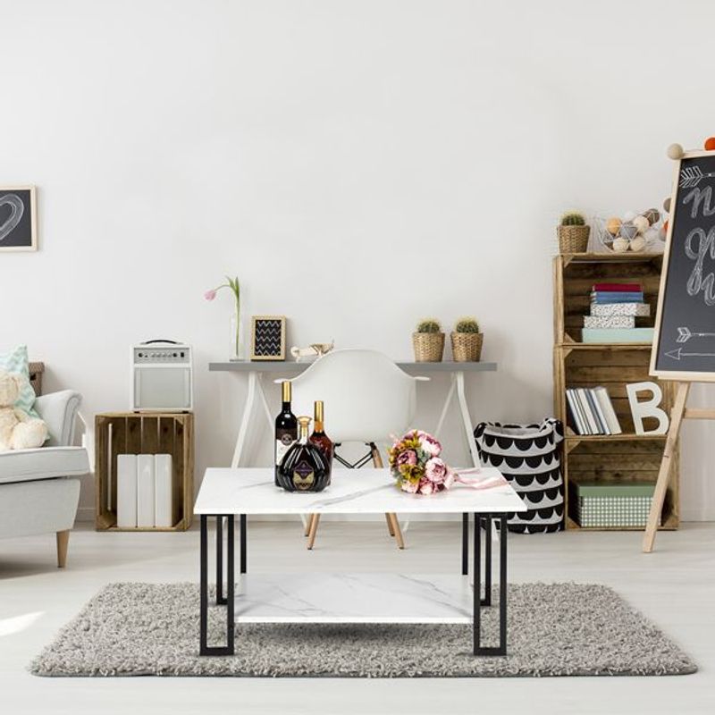 Coffee Table, 2 Layers 1.5cm Thick Marble MDF Rectangle 39.37' L Tabletop Iron Coffee Table , Dining Room, Coffee Shop, Resterant, White Top, Black_voghion.com