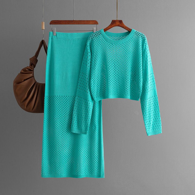 Frauen Kleidung neue sommer hohl stricken pullover langen rock modische zwei stück rock_voghion.com