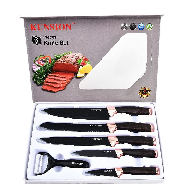 Stainless Steel Household Kitchen Chef Six-Piece Set Wooden Handle Dormitory Fruit Vegetable Knife_voghion.com