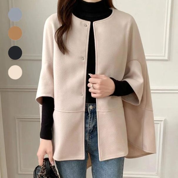 Elegant Batwing Sleeve Wool Cape Coat - Oversized Poncho Style For Women, Autumn Winter Fashion, Casual Loose Fit, Pure Color & Checkered Patterns_voghion.com