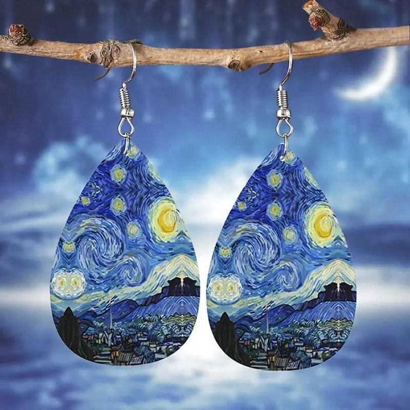 1 Pair Simple Style Starry Sky Life Tree Water Drop PU Leather Drop Earrings_voghion.com