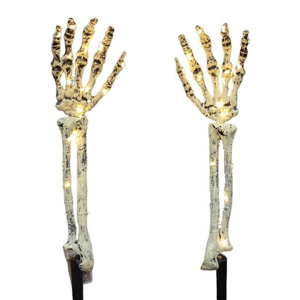 2 stk. skelethånd solcellelampe udendørs oplyst skeletarmpæle solcelledrevet glødende kraniehænder halloween dekoration haveplænelampe_voghion.com