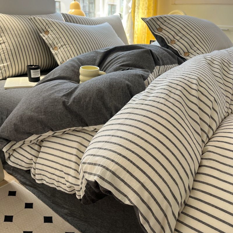 Set di biancheria da letto 100% cotone lavato e tinto in filo - Chiusura con bottoni (3/4 pezzi, morbido e traspirante, adatto per camera da letto, misura singola/queen size)_voghion.com