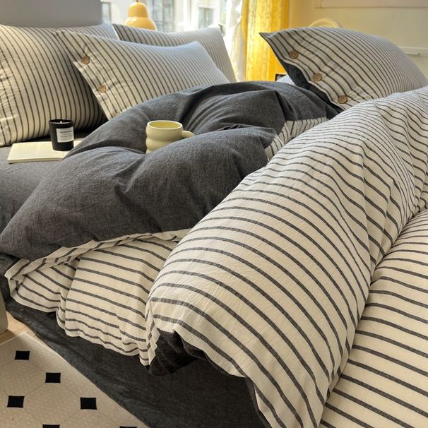 Set di biancheria da letto 100% cotone lavato e tinto in filo - Chiusura con bottoni (3/4 pezzi, morbido e traspirante, adatto per camera da letto, misura singola/queen size)_voghion.com