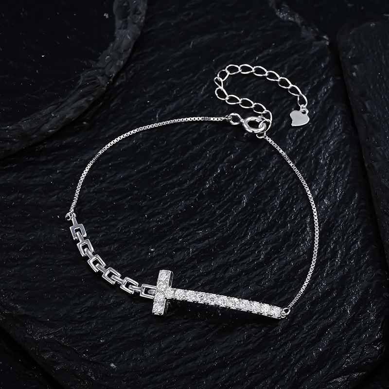 Glänzendes S Reines Silber INS Style Kreuz Moissanite Vielseitiges trendiges leichtes Luxus-Unisex-Armband_voghion.com