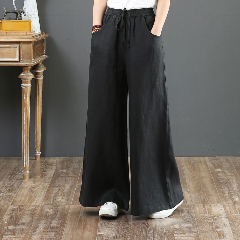 Pantaloni da donna larghi, di grandi dimensioni, a gamba larga, a vita alta, pantaloni dritti, pantaloni di lino_voghion.com
