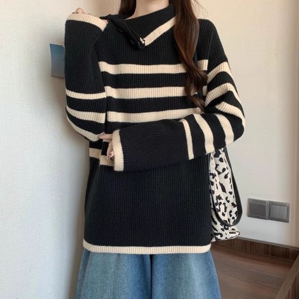 Design Sense Irregular Turtleneck Striped Long-sleeved Knitted Sweater Women's Medium And Long Top_voghion.com