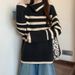Design Sense Irregular Turtleneck Striped Long-sleeved Knitted Sweater Women's Medium And Long Top_voghion.com
