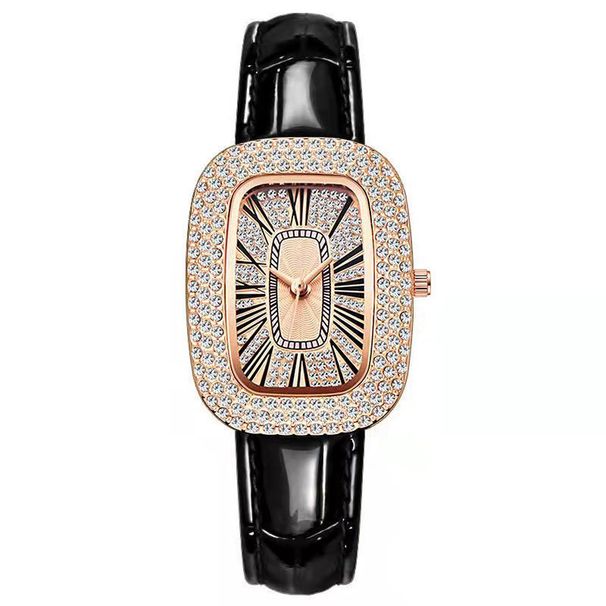 Full Diamond Rectangular Pigeon Egg Quartz Bright Leather Strap Watch_voghion.com