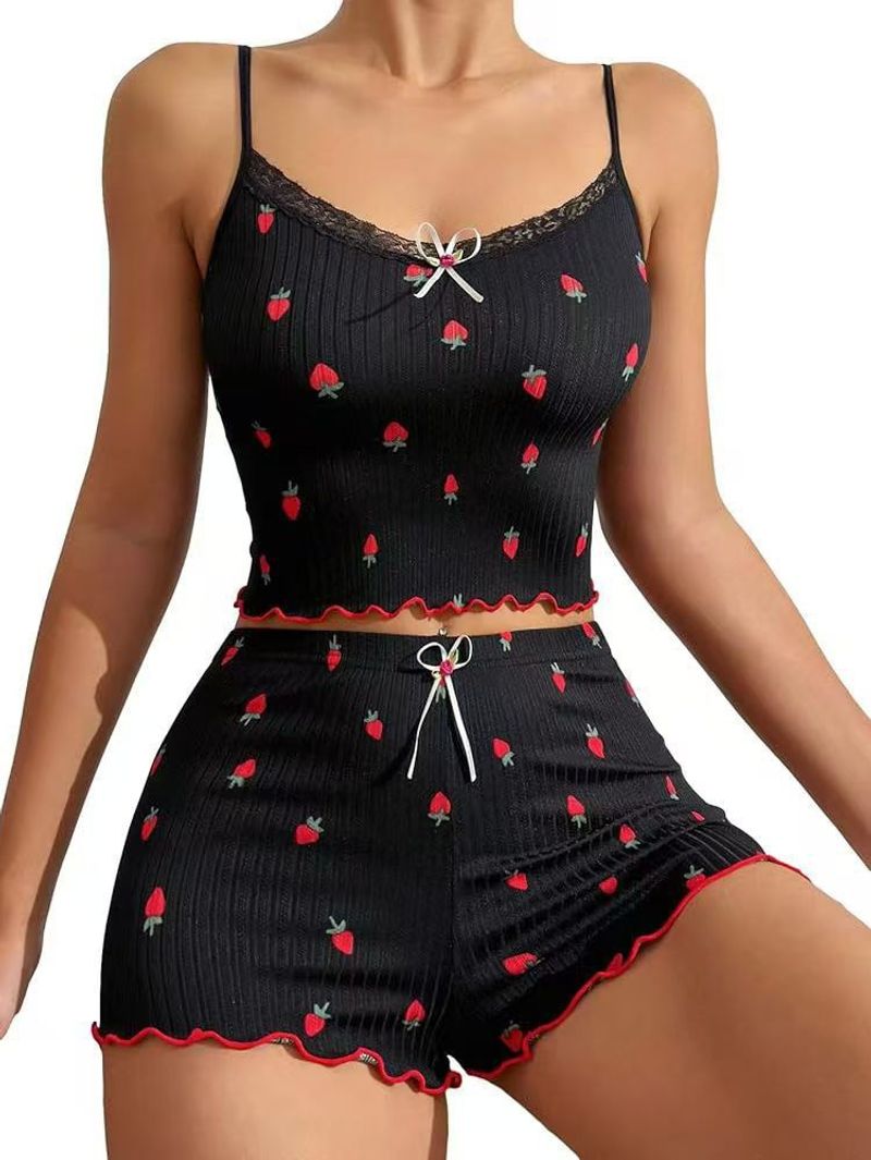 Women's Sleepwears Printed Large Pit Stripes Home Ladies Bow Suspenders Shorts Strawberry Print Two Piece Lace Lace_voghion.com
