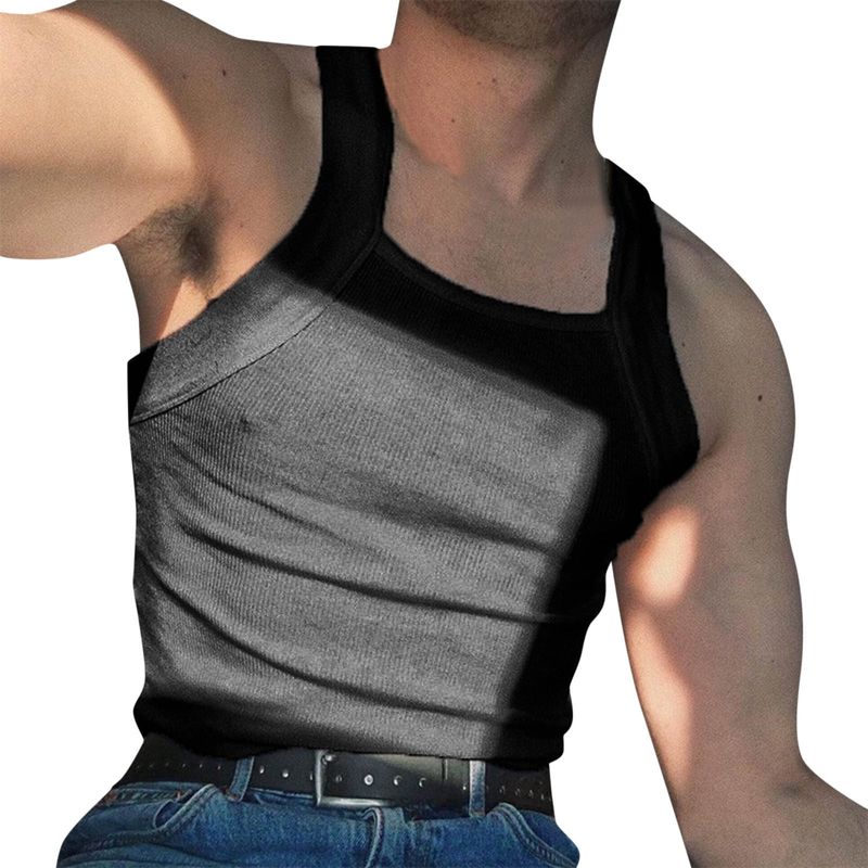 Men's Clothing Summer new men's fashion sleeveless square collar splicing I-shaped thread heavy vest one shoulder men's suspender T_voghion.com