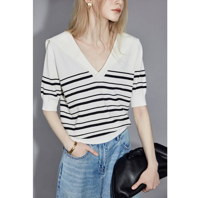 Classico modello estivo a righe bianche e nere lavorato a maglia sottile coreano alla moda versatile base shirt casual in stile occidentale_voghion.com