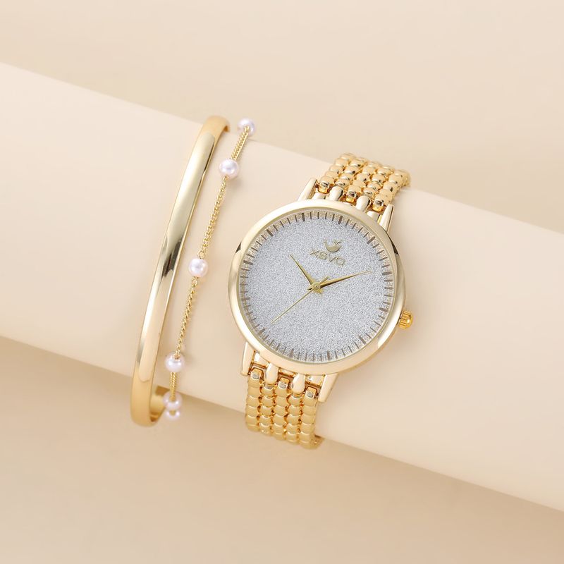 Women's Fashion Temperament Round Dial Quartz Watch Steel Strap + Gold Bracelet + Bead Bracelet Set_voghion.com
