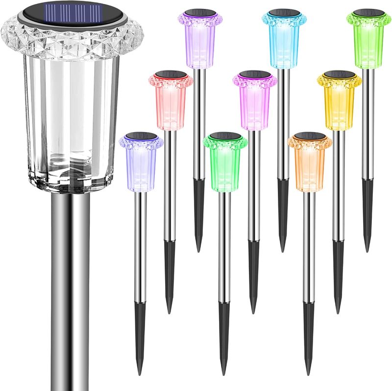 Solar Outdoor Lights, 10 Pack Waterproof Stainless Steel Solar Stake Lights for Pathway Garden Yard Path Walkway Driveway Lawn Decor - Cool White_voghion.com