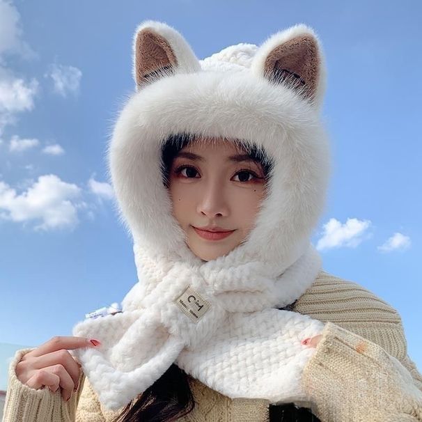 Autunno e per le donne, graziosa sciarpa, scaldacollo integrato spesso, cappello invernale con protezione per le orecchie in pelliccia_voghion.com