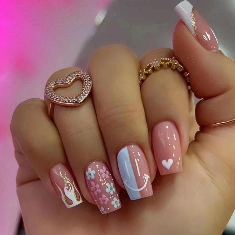 24 stuks hoofd vierkante nep met Frans ontwerp glitter paars valse draagbare doodskist afgewerkte vingernagels druk op_voghion.com