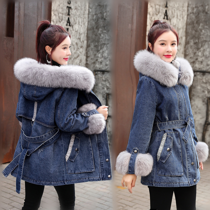 Cappotto di pelliccia con cappuccio invernale medio lungo da donna Moda dimagrante Vestibilità da neve Capelli di coniglio Addensare Veet Felpa con cappuccio in pile Denim_voghion.com