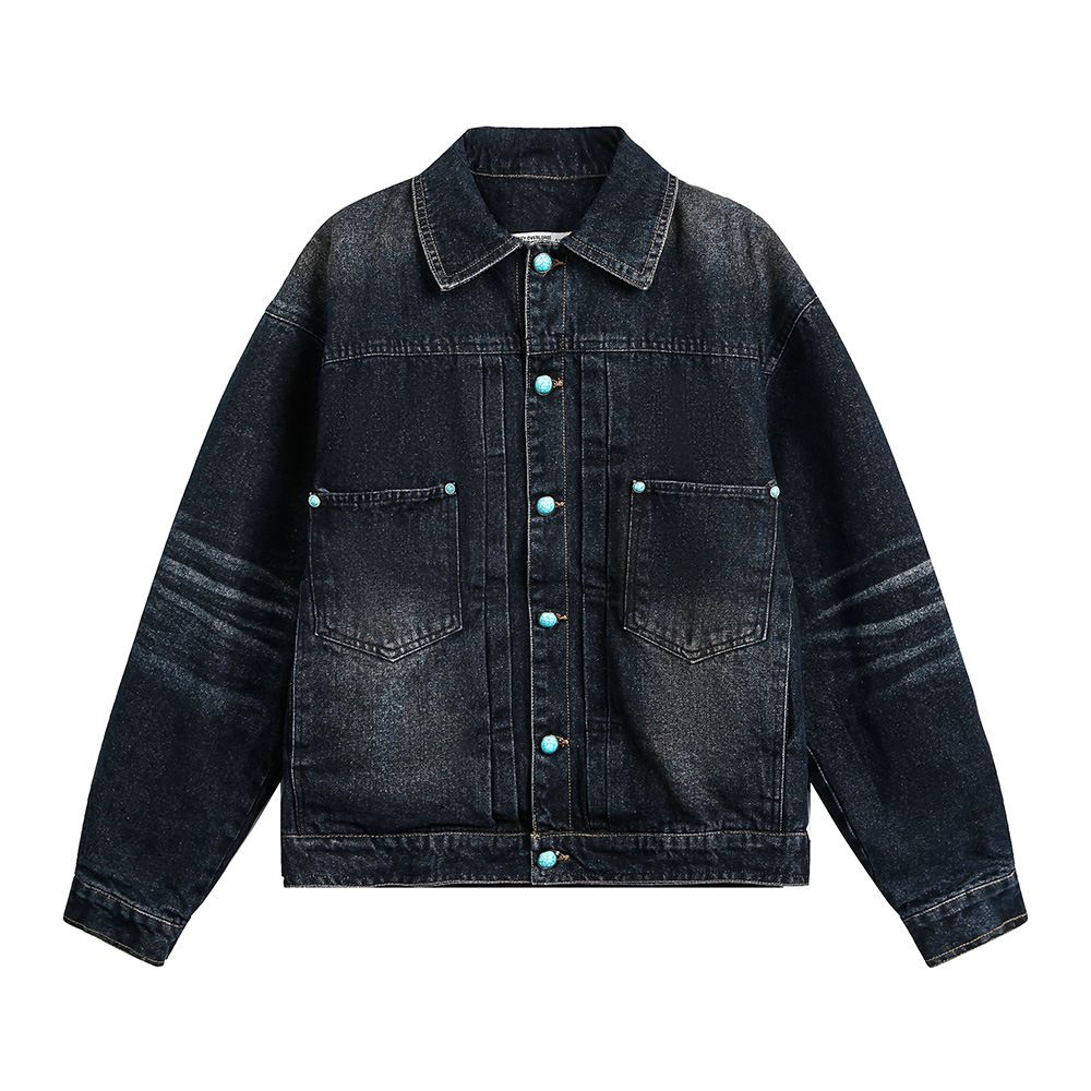 Green Button Decorated Denim For Men, Loose Fit, Street Style, Patchwork, Washed And Distressed, Autumn Jacket_voghion.com