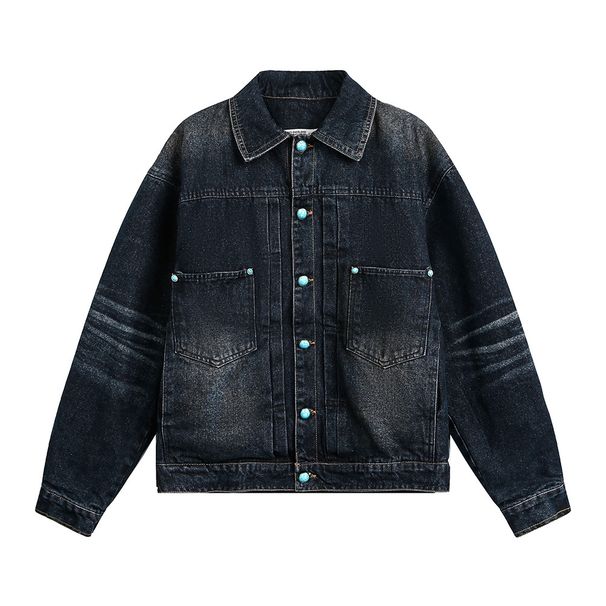 Green Button Decorated Denim For Men, Loose Fit, Street Style, Patchwork, Washed And Distressed, Autumn Jacket_voghion.com