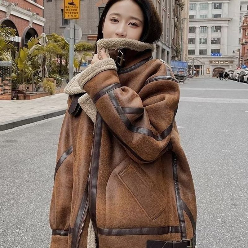 Women's Clothing Fur lamb wool coat for women 2024 autumn and winter new loose style motorcycle suit thickened jacket coat for women_voghion.com