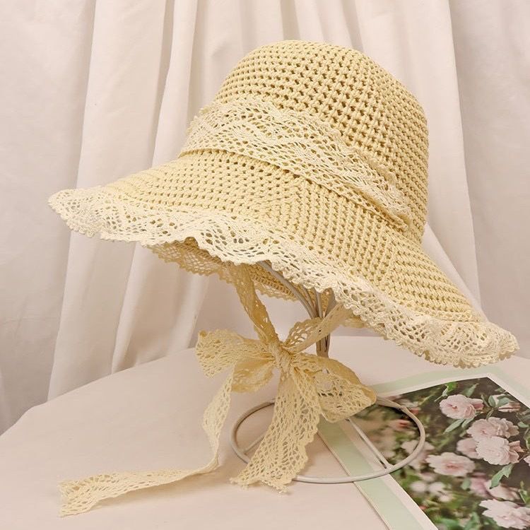 Straw Hat For Women New Style Japanese Style Small Fresh Lace Straw Hat Summer Travel Sun Hat Large Brim Beach Sun Hat_voghion.com