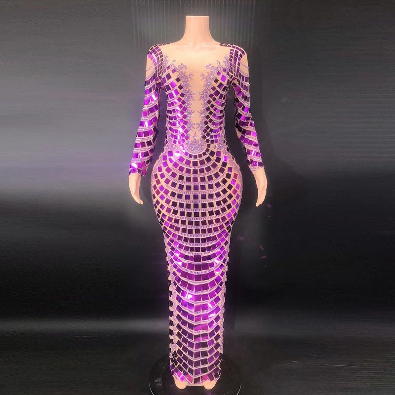 Novance 2024 Sparkling Purple Glitter Cocktail Dames Lange Mouw Avondjurk_voghion.com