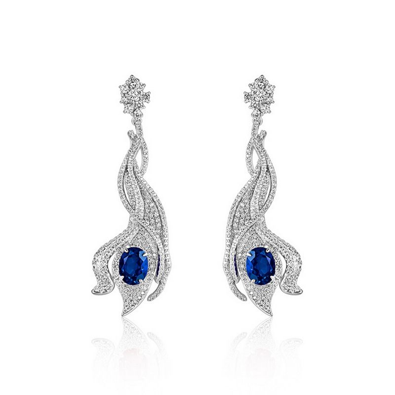 Orecchini lunghi con foglie cave antiche S925 in argento con borchie rosse e blu_voghion.com