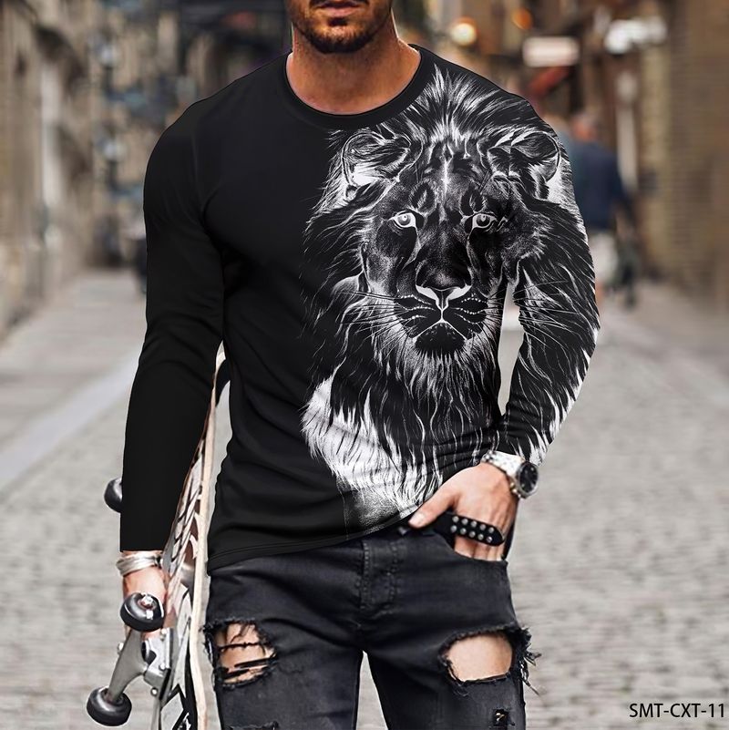 Maglietta oversize estiva da uomo con scollo rotondo, manica lunga, casual, con stampa 3D di un leone animale vintage, pullover alla moda, abbigliamento da uomo_voghion.com